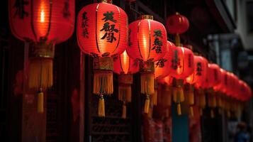 chino nuevo año linternas con bendición, sano y riqueza en China ciudad, generativo ai foto