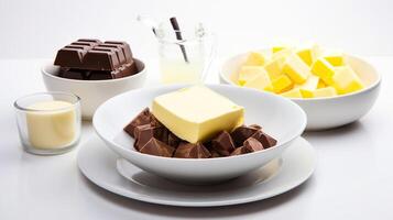 Bowl with butter and ingredients for preparing chocolate brownie, photo