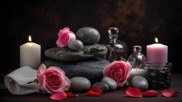 hermosa spa composición para San Valentín día con piedras, velas, toallas, herbario pantalones y Rosa flores en oscuro fondo, generativo ai foto