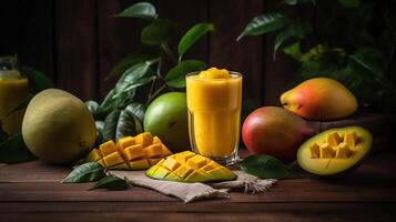 Fresh tropical fruit smoothie mango juice on wooden background with leaves and fruits, photo