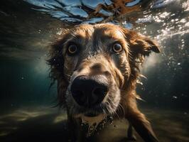 closeup wide angle underwater photo upshot of a dog underwater,