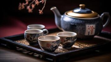 Warm cup of tea with teapot, green tea leaves and dried herbs on the bamboo mat at morning, photo