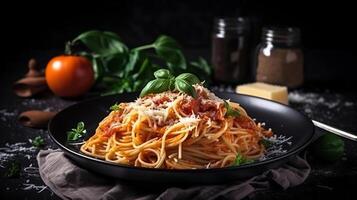 Tasty appetizing classic italian spaghetti pasta with tomato sauce, cheese parmesan and basil on plate, photo
