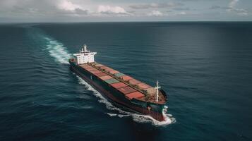 un fascinante y majestuoso aéreo perspectiva de un colosal carga Embarcacion suavemente navegando a través de el vasto y prístino extensión de el oceánico azul, generativo ai foto