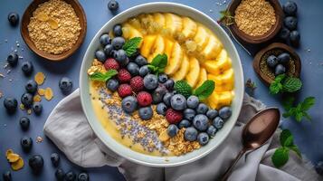 Healthy pineapple, mango smoothie bowl with coconut, bananas, blueberries and granola. Above view scene on a bright background, photo
