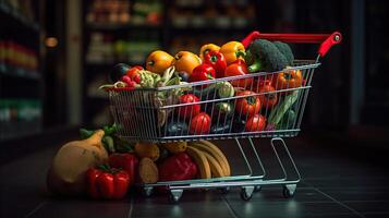 Shopping cart filled with fruits and supermarket shelves in the background, grocery shopping concept, photo