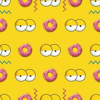 Bright pattern of bitten donuts and eyes in cartoon style for print and decoration. Vector illustration.