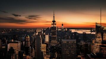 increíble panorama ver de nuevo York ciudad horizonte y rascacielos a atardecer, generativo ai foto