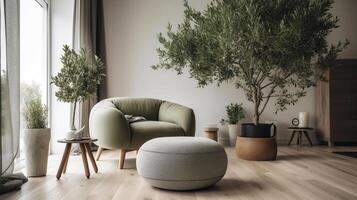 gris sillón, de punto puff y aceituna árbol en ligero vivo habitación, generativo ai foto