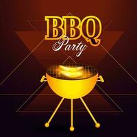 BBQ Party Poster Design With Golden Barbecue Grill On Brown And Purple Triangle Shape Background. vector