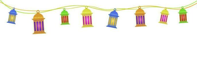 Colorful Arabic Lanterns Garland Decorated Border On White Background And Copy Space. vector