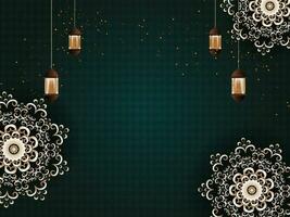 Teal Light Effect Background Decorated With Arabic Lanterns Hang, Exquisite Mandala Pattern And Copy Space. vector