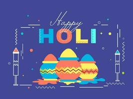 Happy Holi Font With Mud Pots Full Of Powder Color And Linear Water Guns On Blue Background. vector