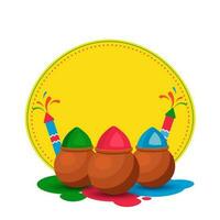 Vector Illustration Of Powder Color In Mud Pots With Water Gun, Copy Space On Yellow And White Background.