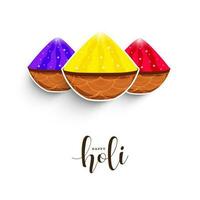 Happy Holi Celebration Concept With Sticker Style Clay Bowls Full Of Color Powder On White Background. vector