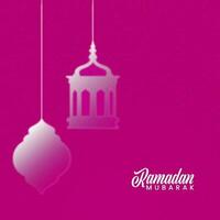 Ramadan Mubarak Font With Glossy Lanterns Hang On Pink Mandala Or Islamic Pattern Background. vector