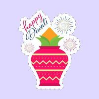 Sticker Style Happy Diwali Font With Worship Pot And Fireworks On Pastel Violet Background. vector