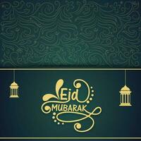 Stylish Eid Mubarak Font With Hanging Lanterns On Dark Teal Flourish Background. vector