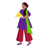 Teenager Girl Standing With A Plate Of Indian Sweets On White Background. vector