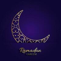 Golden Ramadan Kareem Font With Ornament Crescent Moon On Blue And Violet Background. vector