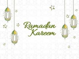 Ramadan Kareem Celebration Concept With Doodle Style Arabic Lanterns Hang And Stars On White Flourish Background. vector