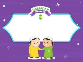 Ramadan Mubarak Poster Design With Muslim Boys Holding Hands Together And Space For Your Text Message On Purple Background. vector