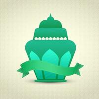 Green Arabic Lantern With Empty Ribbon On Beige Four Petal Flower Pattern Background For Islamic Festival Concept. vector