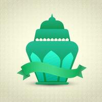 Green Arabic Lantern With Empty Ribbon On Beige Four Petal Flower Pattern Background For Islamic Festival Concept. vector