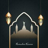 Ramadan Kareem Concept With Golden Lit Arabic Lanterns Hang And Silhouette Mosque On Black Geometric Pattern Background. vector