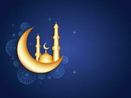 3D Golden Crescent Moon With Mosque, Mandala Pattern And Copy Space On Blue Light Effect Background. vector