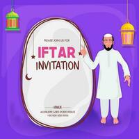 Islamic Man Inviting For Iftar Party With Event Details On White And Purple Background. vector