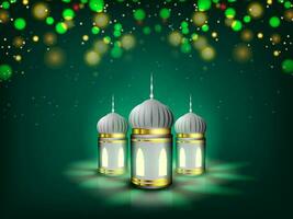 Realistic Illuminated Arabic Lanterns On Green Bokeh Light Effect Background For Islamic Festival Concept. vector