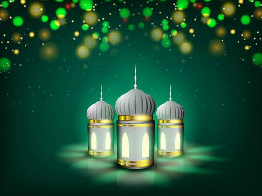 Realistic Illuminated Arabic Lanterns On Green Bokeh Light Effect Background For Islamic Festival Concept.
