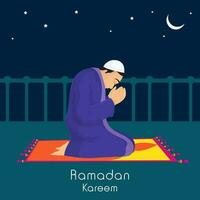 Ramadan Kareem Concept With Islamic Man Offering Namaz  At Mat On Blue Nighttime Background. vector