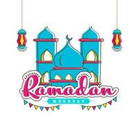 Ramadan Mubarak Font With Bunting Flags, Mosque Illustration And Lanterns Hang On White Background. vector