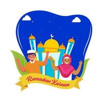 Ramadan Kareem Celebration Concept With Cheerful Islamic Couple, Mosque Illustration On Blue And White Background. vector