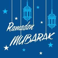 Ramadan Mubarak Font With Lanterns Hang And Stars Decorated On Blue Background. vector