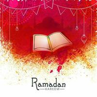 Ramadán kareem concepto con abierto santo libro corán, silueta mezquita en resumen antecedentes. vector
