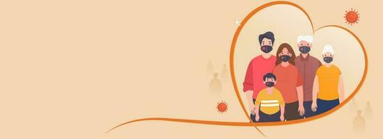 Quarantine People Wearing Protective Mask Inside Heart Shape On Peach Background And Copy Space. Header Or Banner Design. vector