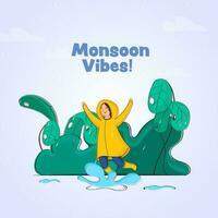 Monsoon Vibes Font With Cheerful Young Girl Jumping In Water And Plants On Gray Background. vector