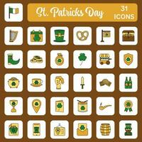 Flat Style Saint Patrick's Day Icon Set On Sqaure White And Brown Background. vector