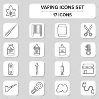 17 Vaping Black Stroke Icon Set On Grey And White Square Background. vector
