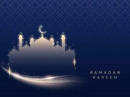 Ramadan Kareem Concept With Lights Effect Mosque On Blue Islamic Pattern Background. vector