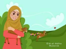 Eid al-Adha Mubarak concepto con hermosa islámico dama participación cabra y naturaleza ver en turquesa antecedentes. vector