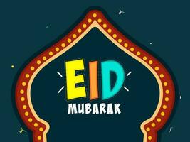 Stylish Eid Mubarak Font On Mosque Dome Shape Teal Background. vector