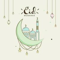 Eid Mubarak Greeting Card With Crescent Moon, Mosque, Stars, Lanterns Hang Decorated On Gray Background. vector