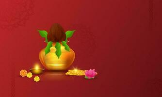 Golden Worship Pot  With Shiny Coins, Lit Oil Lamp, Lotus, Marigold Flower And Copy Space On Red Mandala Background. vector