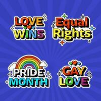 Colorful Love Wins, Equal Rights, Pride Month, Gay Love Quotes In Sticker Style Against Blue Rays Background. vector