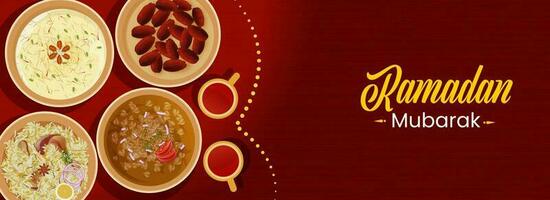 Ramadan Mubarak Banner Or Header Design With Top View Of Delicious Foods Against Red Background. vector