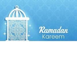 Ramadan Kareem Celebration Concept With Laser Cutting Traditional Lantern On Blue And White Arabic Pattern Background. vector